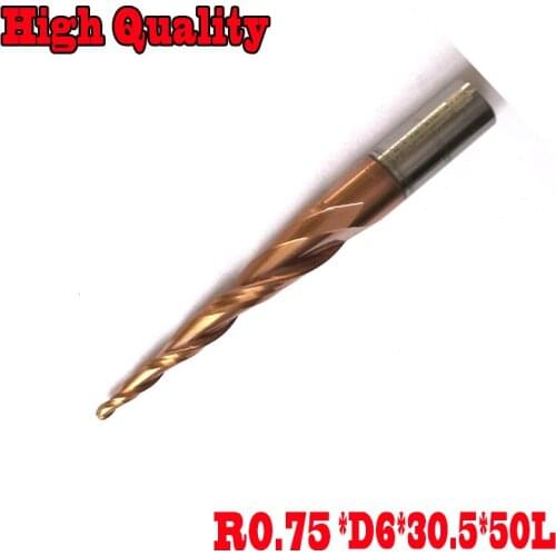 1pc R0.75*D6*30.5*50L*2F HRC55 Tungsten solid carbide Coated Tapered Ball Nose End Mill taper and cone endmills