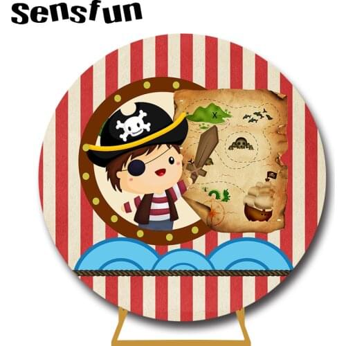 Round Circle Pirates Theme Boys Birthday Party Backdrop For Photo Studio Striped Nautical Map Photography Background Customized