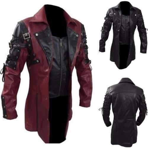 Black Red 5XL Plus Size Steampunk Mens Gothic Trench Coat Leather Jacket Punk Style Biker Jacket Autumn Winter Motocycle Jacket