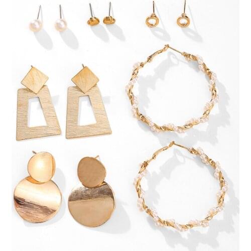 Mixed Gold Color Geometric Drop Earrings Set Fashion Twist Pearl Round Circle Square Dangle Earrings for Women Statement Jewelry