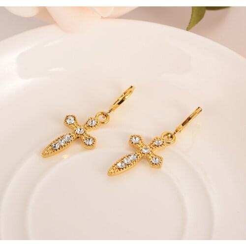 New Fashion Women Costume Jewelry diamond cz Drop Earrings Cross Shape Vintage Gold For Women Crosses Earring Pendientes gifts