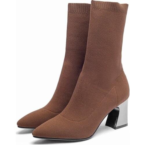 Big Size 9 10 High-heeled elastic high-heeled boots with pointed solid colors