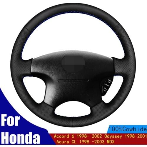 Black Genuine Leather Car Steering Wheel Cover For Honda Accord 6 1998- 2002 Odyssey 1998-2001 Acura CL 1998-2003 MDX
