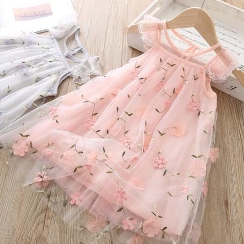 1-6T Baby Kids Girls Dresses Toddler Girl Summer Fashion Cute Embroidered Sleeveless Lace Mesh Princess Dress Children Clothes