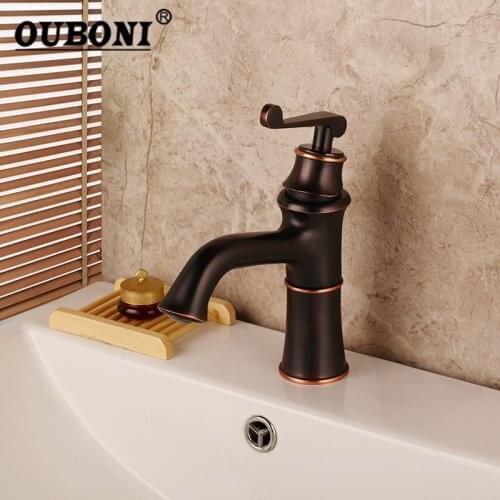 OUBONI Black Oil Rubbed Bronze Bathroom Faucets Basin Stream Spout Bathroom ORB Deck Mount Sink Vanity Tap Mixer Faucet