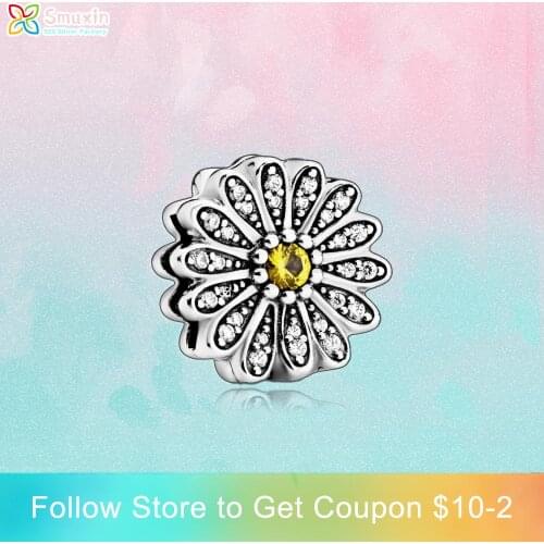 Smuxin 925 Sterling Silver Beads Sparkling Daisy Flower Clip Charm fit Original Pandora Bracelets for Women Jewelry Making Gift