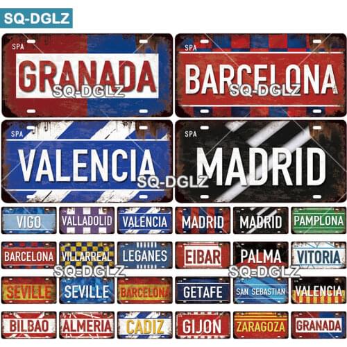 [SQ-DGLZ] Spain City License Plate Metal Sign Vintage Plaque Tin Sign Wall Decor Bar Decor BARCELONA/MADRID/SEVILLE Flag Poster