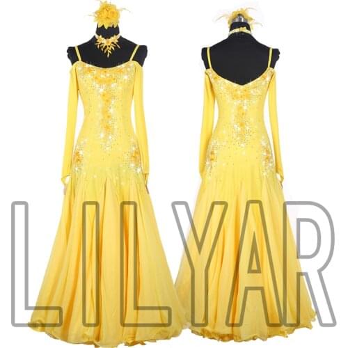 Ballroom skirt standard dress competition dress show dress custom new adult yellow embroidery