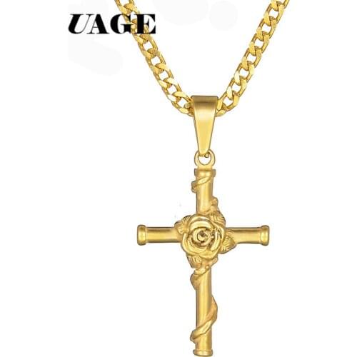 UAGE New Stainless Steel Cross Necklace Men Pendant For Women Gold Link Chain Prayer Necklace Christian Jewelry Gift