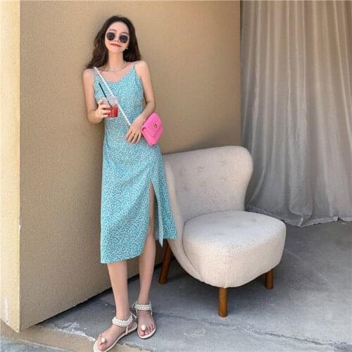 Women Summer Floral Print High Waist Split Fork Sling Sundress Casual Korean V-Neck Slim Midi Dress Beach Female Sexy Vestidos