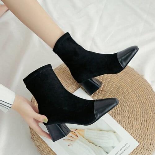 2020 Web celebrity patchwork chelsea boots square toe leather pleated flock socks bota feminina 5cm thick heels ladies booties