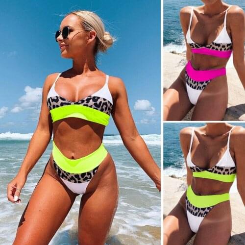 2021 Summer 2PCS Bikini Set for Women Sexy Leopard V Neck Bandage Push Up Bra High Waist Panty Swimwear Swimsuit Bathing Suits