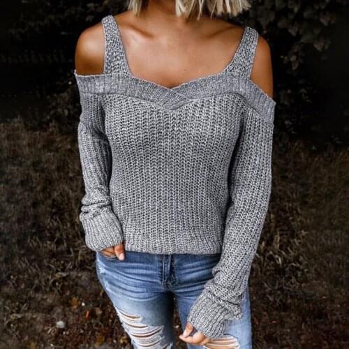 Sexy Off Shoulder Women Sweater Spaghetti Strap Long Sleeves V Neck Tops Knitted Pullover Spring Autumn New Female Sweater
