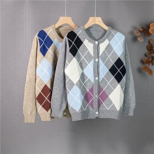 Autumn Winter 2021 Korean Long Sleeve Vintage Plaid Womens Cardigan Sweater Khaki Gray O-Neck Knit Jacket Female