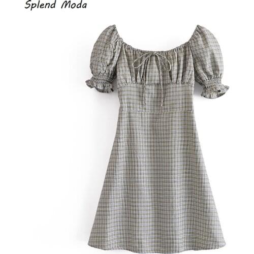 Splend Moda 2021 Summer Women Square Collar Short Sleeve Lace-Up High Waist Slim Plaid A-Line Dress For Women Fashion Vestido