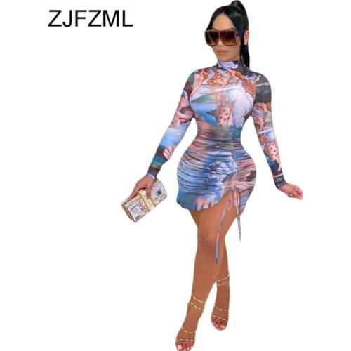 Angel Printed Ruched Drawstring Party Dresses Women Turtleneck Long Sleeve Slim Fit Dress Vintage Autumn Ruffles Skinny Vestidos