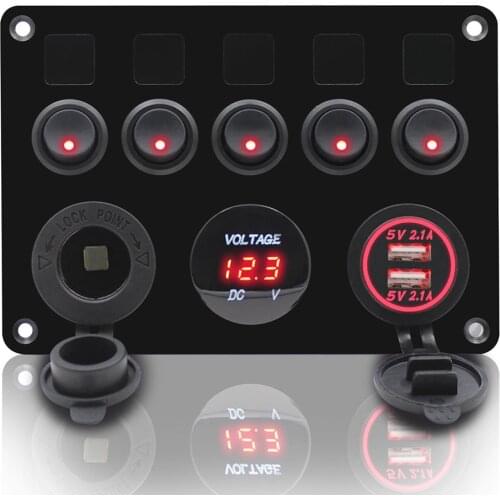 5 Gang Switch Panel Digital Voltmeter Dual USB Port 12V Outlet Combination Waterproof Car Marine Boat LED Rocker Switch Panel
