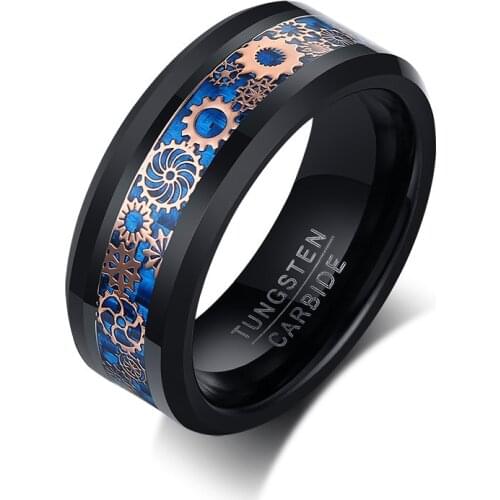 8mm Rose Gold Color Gear Tungsten Steel Ring Blue Black Mens Engagement Ring