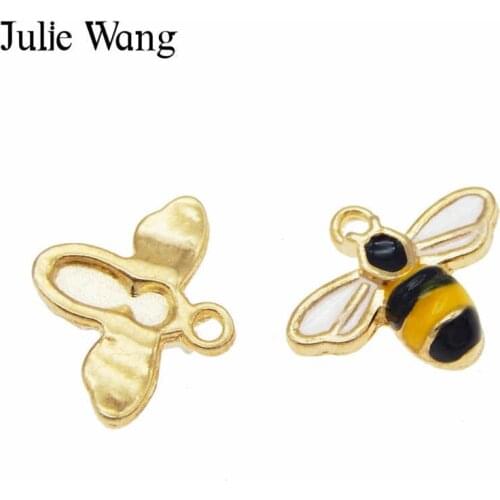 Julie Wang 8PCS Enamel Bee Charm Honeybee Alloy Gold Tone Necklace Bracelet Earrings Jewelry Making Metal Accessory