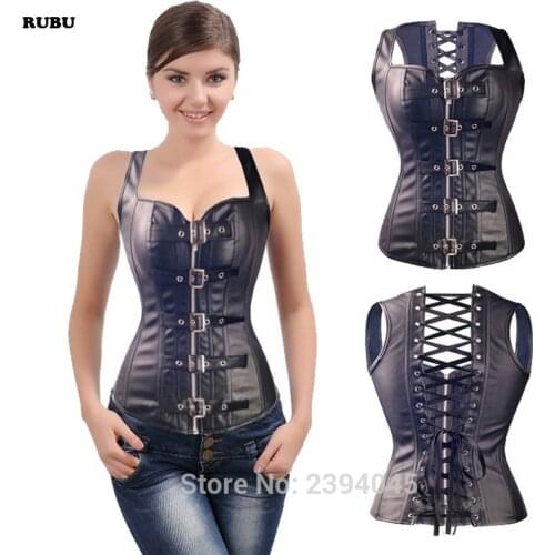 Free shipping Sexy Black Faux Leather Buckle Overbust Steel Bone Waistcoat Corset Top Steampunk women Bustier Cincher Corselet