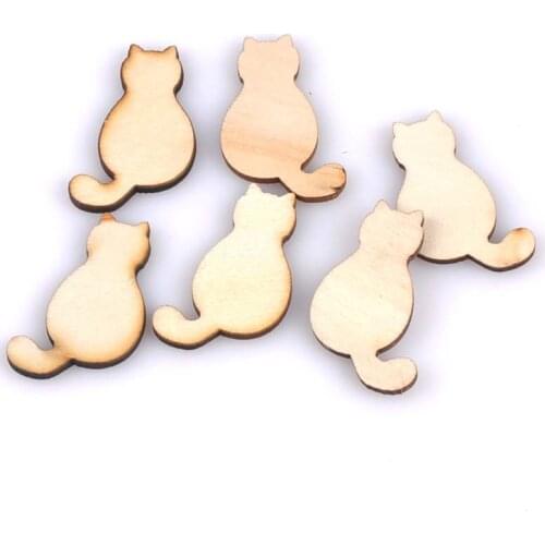No Hole 50pcs Natural Wooden Cat Buttons Handmade DIY Scrapbooking Craft 23x35mm MT0923
