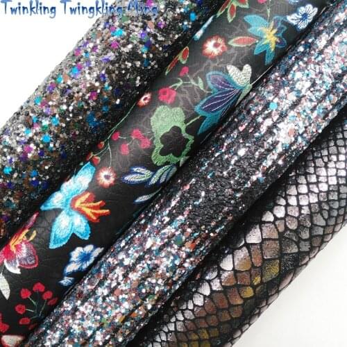 Gradiant Glitter leather, Embroidery Flowers Synthetic Leather Faux Fabric Sheet For Bow 21x29CM Twinkling Ming KM331