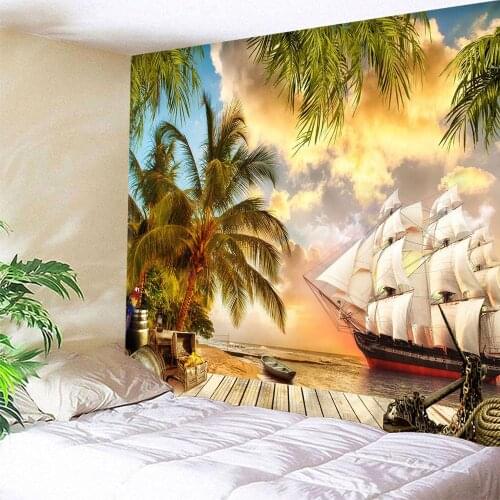 Custom sailboat Tapestry Wall Hanging coconut tree Polyester Carpet Boho Bedspread Multiple sizes Home Decoration Dropship