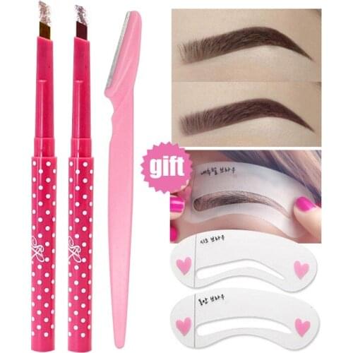 1Pcs Eyebrow Pencil Longlasting Waterproof Durable Automatic Eye Brow Liner+3 Eyebrow Shaping Stencils Grooming Kit Makeup Tools