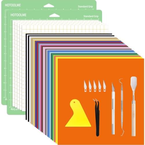 30Pcs Heat Transfer Vinyl Sheets with Transfer Membrane ,Plotter Cutting Board, Craft Vinyl Weeding Tools