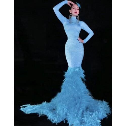 Fashion Sparkly Rhinestones Feather Maxi Dress Sexy Full Beading Long Big Tail Dress Costume Prom Birthday Celebrate Dresses