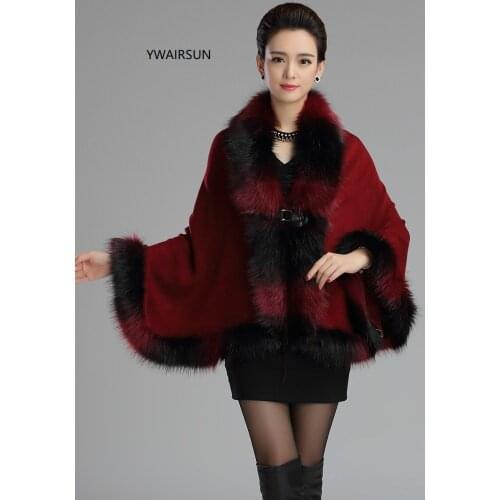YWAIRSUN Fashion fur collar gradient color fox fur cloak coat cashmere shawl sweater female winter novelty leather buckle poncho