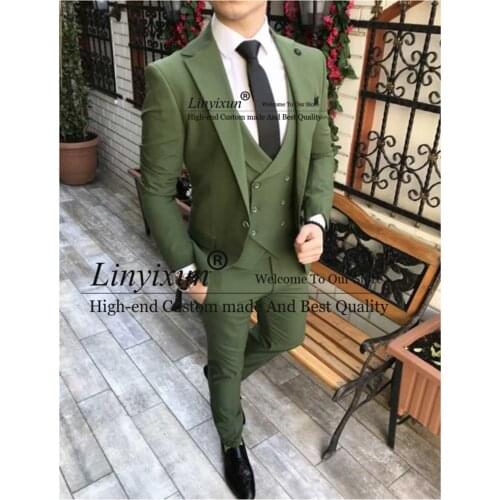 Custom Made Men Suits Olive Green Groom Tuxedos Notch Lapel Groomsmen Wedding Man 3 Pieces ( Jacket+Pants+Vest) Costume homme