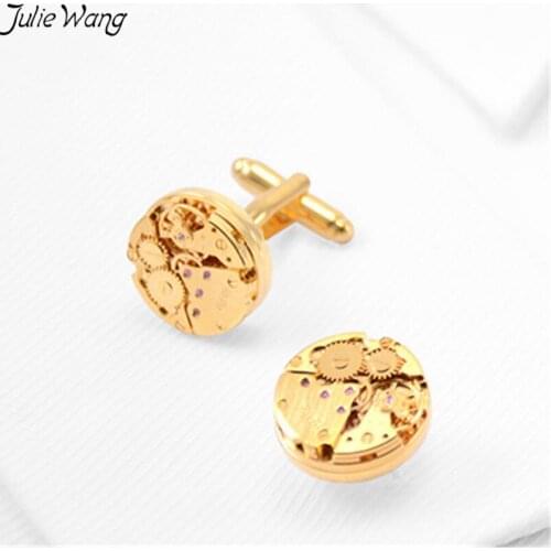 Julie Wang 1pair Gold Color New Fashion Watch Tourbillon Movement Cufflink Stylish Men Jewelry Wedding Formal Meeting Accessory