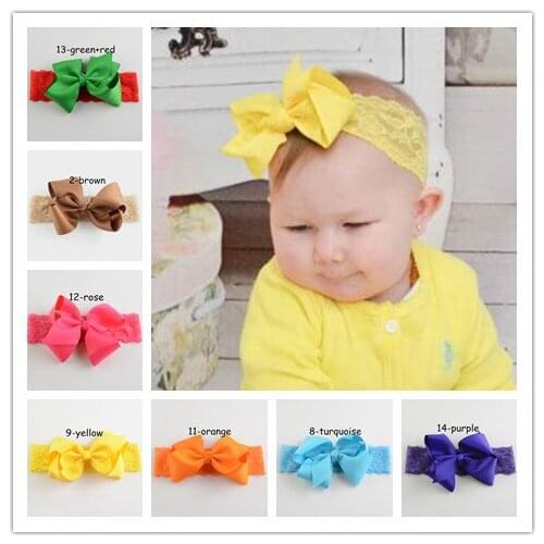 Wholesale 190pcs/lot 19Colors New Style Kids Ribbon Big Bowknot Hair Bows 15" Lace Headband For girls Hair Flowers FDA96