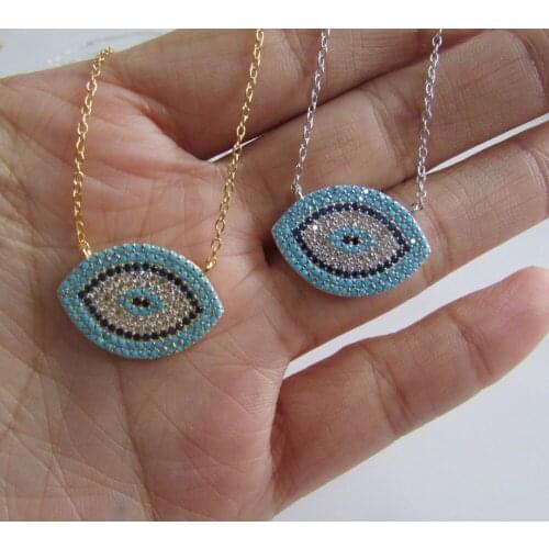 Micro pave cz turquoises stone high quality 925 sterling silver necklace evil eye design