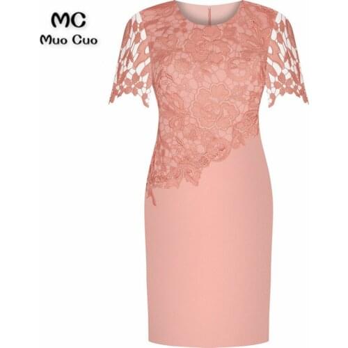 2018 Sheath Coral Mother of the Bride Dresses with Appliques O-Neck Short Sleeves Mother of the bride dresses for weddings
