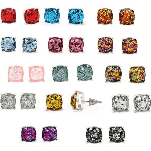 Silver Plated Rainbow Shinny Square Glitter Stud Earrings Various 14 Colors Cute Stud Earrings for Women