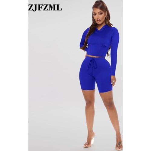 Casual Loungewear Outfit Womens Costumes Hooded Full Sleeve Waist Shape Crop Top and Drawstring Biker Short Two Piece Suits