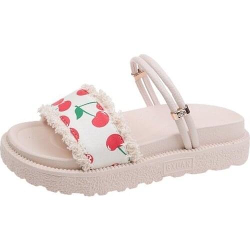 Fruit Print Summer Sandals Slides for Women 2021 Flat Platform Sandals Bohemian Holidays Beach Slippers Plus Size Woman Shoes