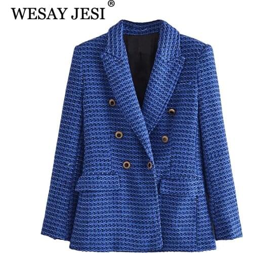 WESAY JESI Womens Coat Classic Double Breasted Plaid Texture Za Woman 2021 Blazer Long Sleeve Blue Jackets Vintage Outerwear