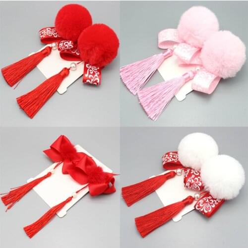 WYINYA Childrens antiquity red and white hair ball hair accessories New Year headdress hairpin female Bao Hanfu tassel hairpin