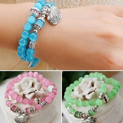 Women Vintage Sweet Style Multilayer Natural Opal Handmade Jewelry Pendant Bracelet