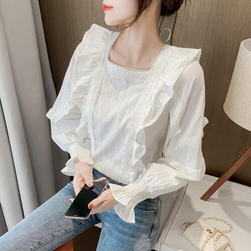 Chikichi French Square Neck Puff Sleeve Top Fall 2021 New Fashion Design Pleated Stitching White Chiffon Shirt Women