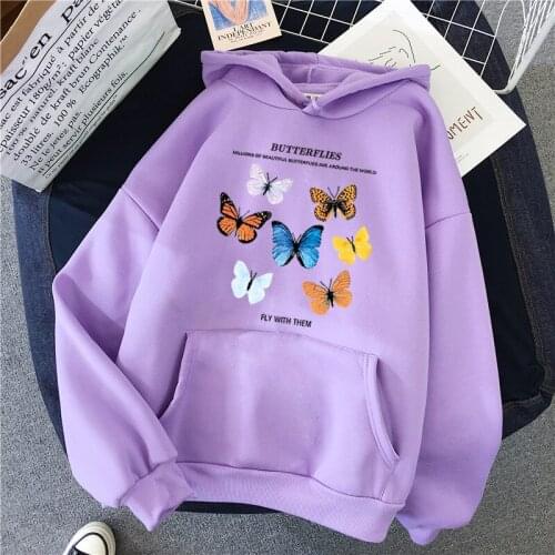 Women Butterfly Print Hoodies Sweatshirt Casual Long Sleeve Sweatshirt Warm Winter Loose Hooded Hoodies Pullover Sweatshirt Tops