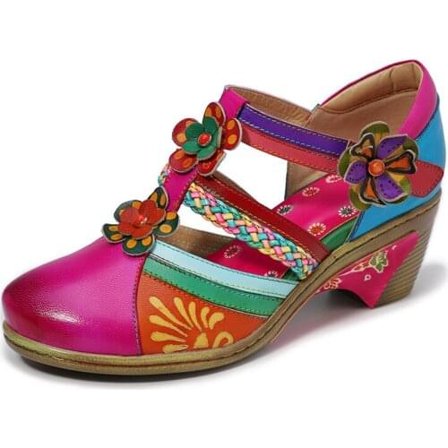 Stitching Weave Hook Loop Retro Shoes Women Bohemian women sandals Genuine Leather 3-4CM Buckle Strap Square High Heels Flower