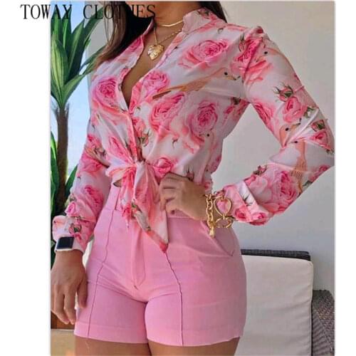 Women Floral Print Long Sleeve Buttoned Blouse Buttoned Shirt & Zipper Short Sets Two pieces Set