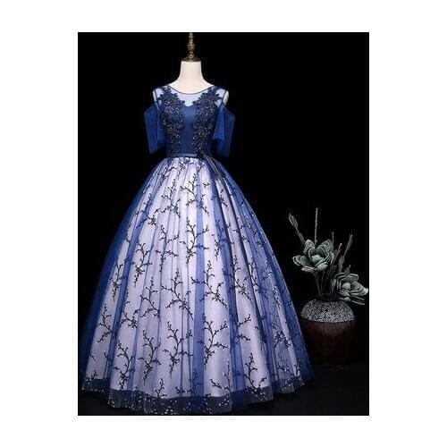 100% real blue flowers printing long dress gown princess medieval dress Renaissance Gown Victoria/Antoinette/belle