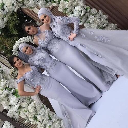 2019 Arabic Muslim Long Mermaid Bridesmaid Dress Lavender 3D Flowers High Neck Scarf Middle East Women Vestido Formal Gowns