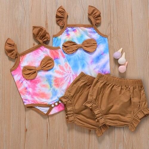 2021 Summer Baby Girl Clothes Set Sleeveless Tie-Dye Pullover Newborn Romper+Bread pants Thin Casual Romper Siamese Toddler Suit