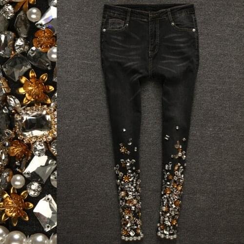 Elastic Skinny jeans woman Female Jeans Denim Beading Diamond Jeans Female Denim Pencil Pants Fashion Casual Black size 30